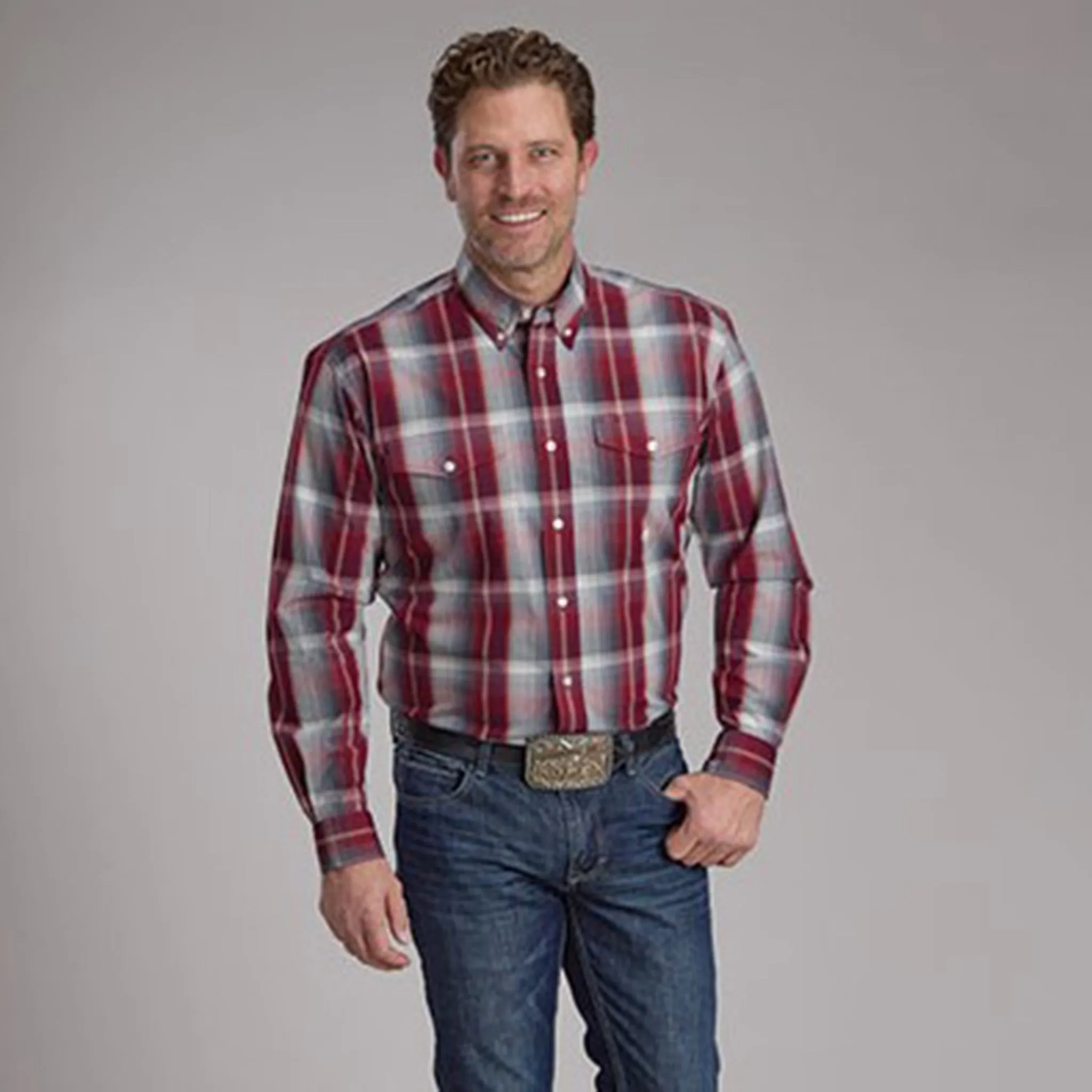 Roper Men's Wine & Grey Plaid Shirt