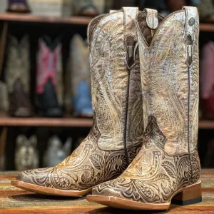 Tanner Mark Women's Brown Horseshoe Tooled Square Toe Boots