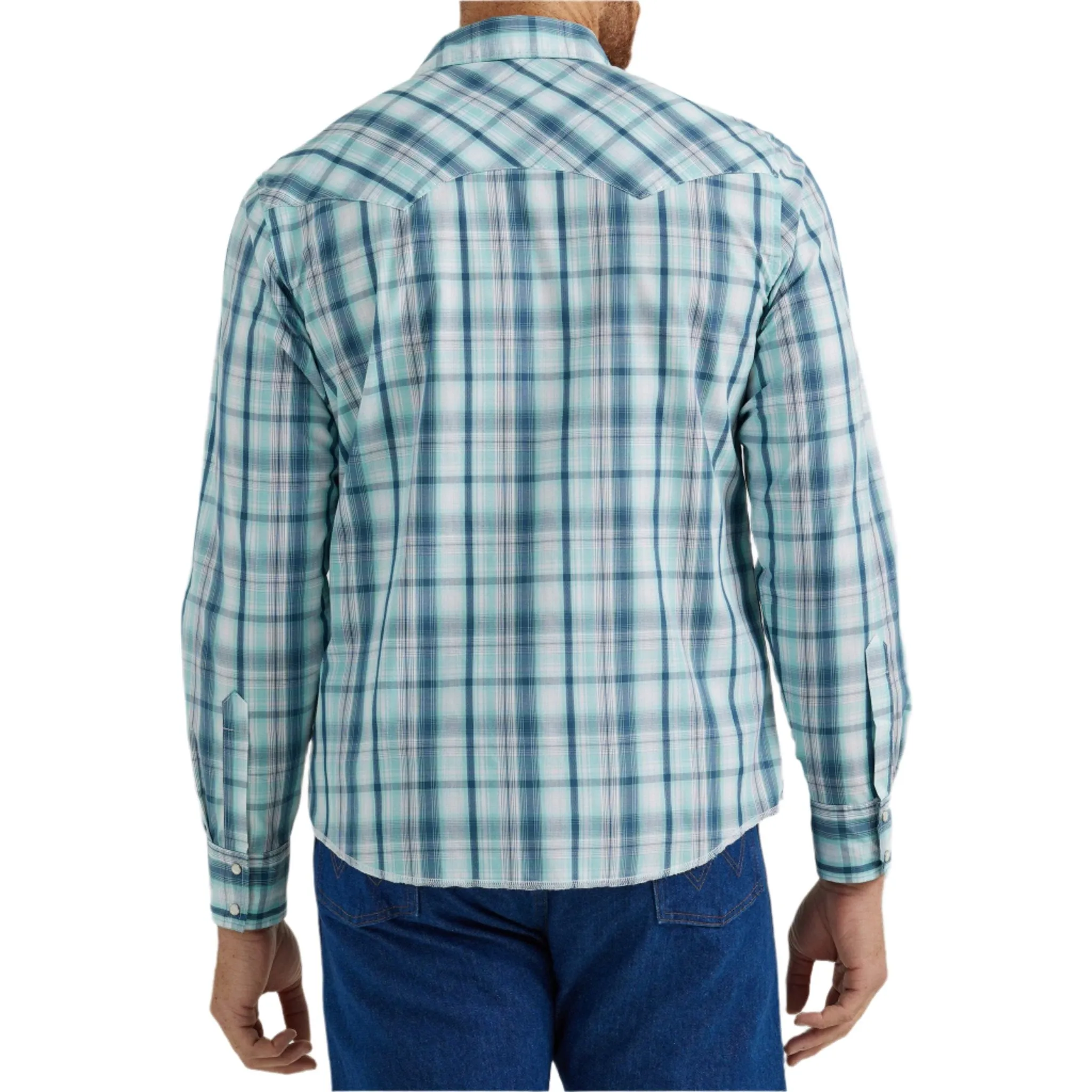 Wrangler Men's Mint & Navy Plaid Snap Shirt
